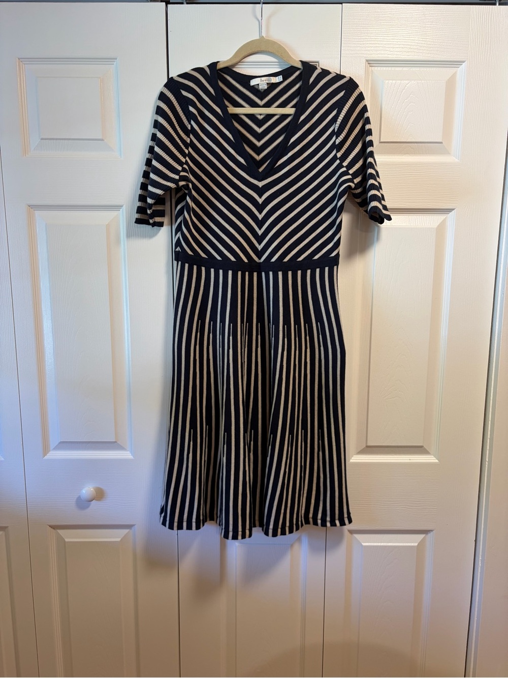 Boden Knit Merino Wool Blend Striped Short Sleeve Flared Dress